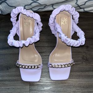 Yoki Lavender Scrunch Sandal Heels with Gold Chain Toe Detail, Sneaker Sole